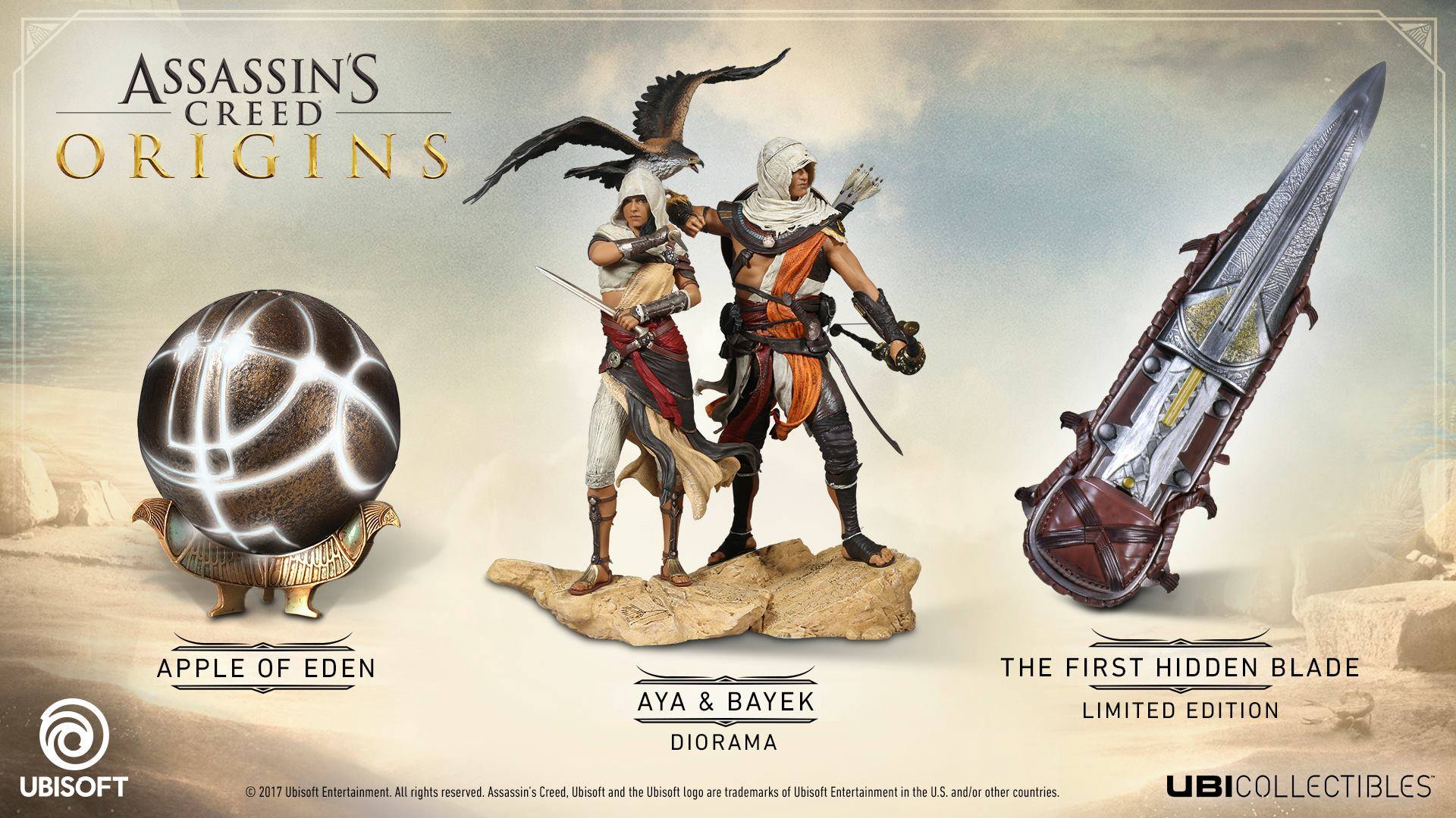 Ubicollectibles presenta la hoja oculta de Bayek y la figura de Aya